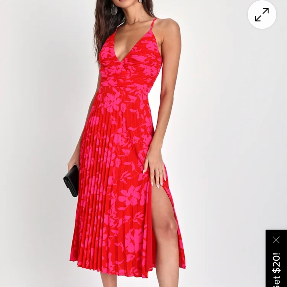 Lulu's Vibrant Moment Red and Pink Floral Pleated Dress